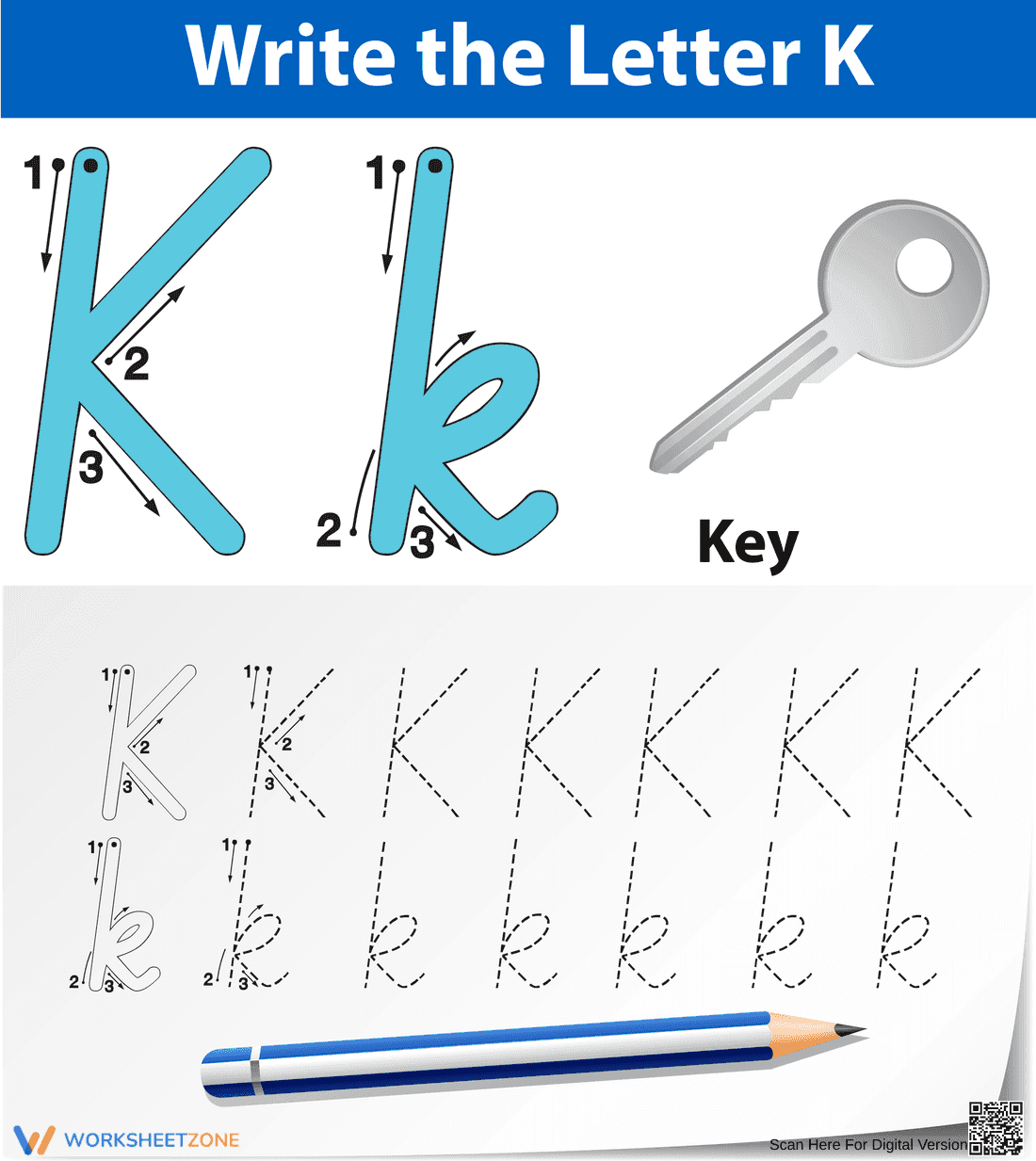 K is for Key: Identifying the Letter K Worksheet - Page 1