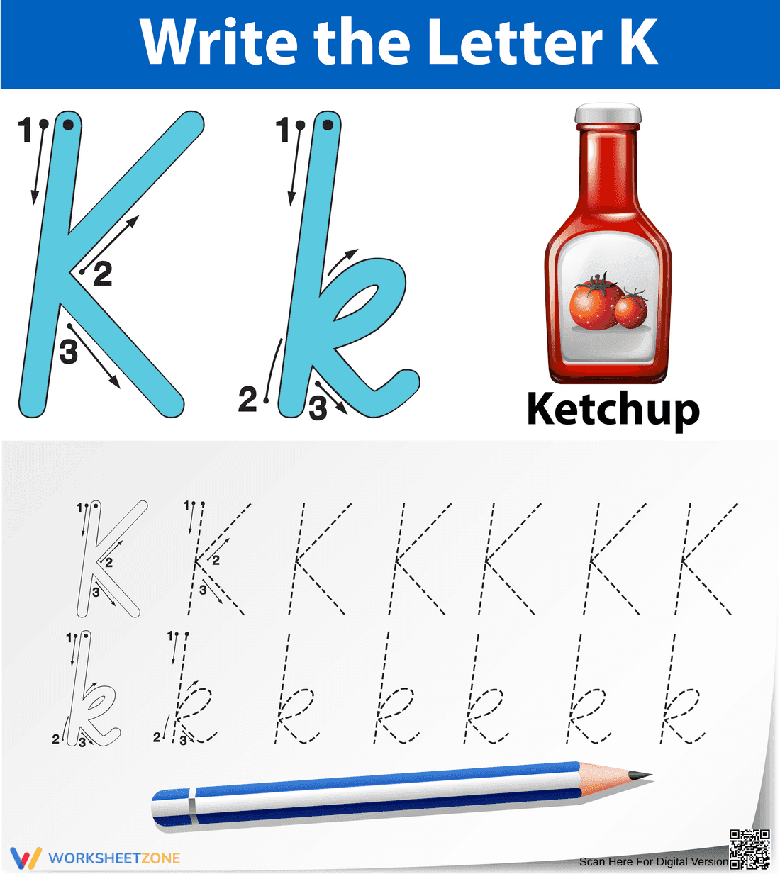 Printable Letter K Tracing Worksheet | Kindergarten - Page 1