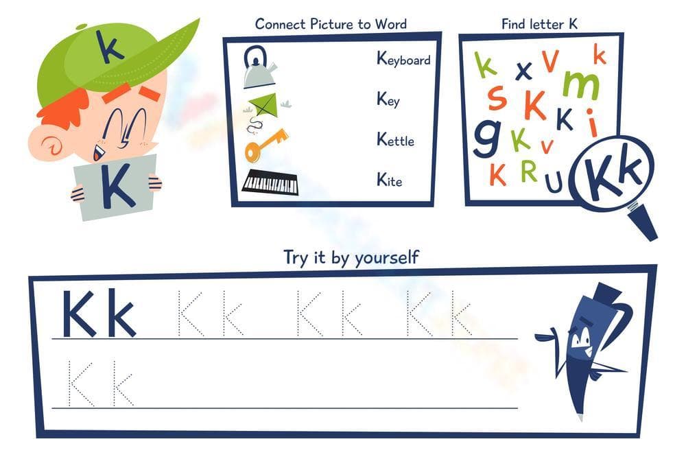 Find, Trace, and Write Letter K: Comprehensive Practice - Page 1