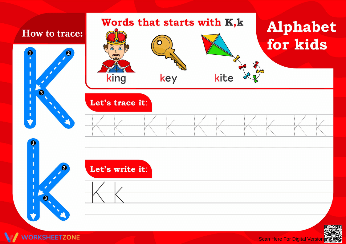 Printable Letter K Tracing Worksheet | Grade K ELA - Page 1