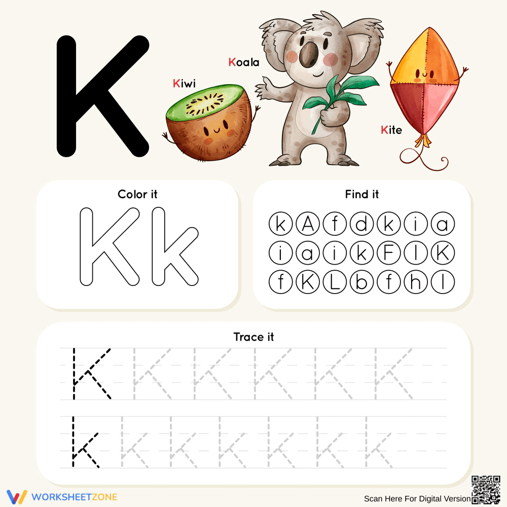 Letter K Worksheet: Printable Tracing & Recognition - Page 1