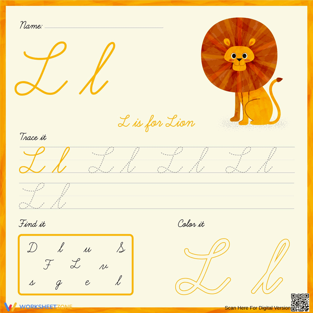 Cursive Letter L Printable Worksheet | Grade 1 - Page 1