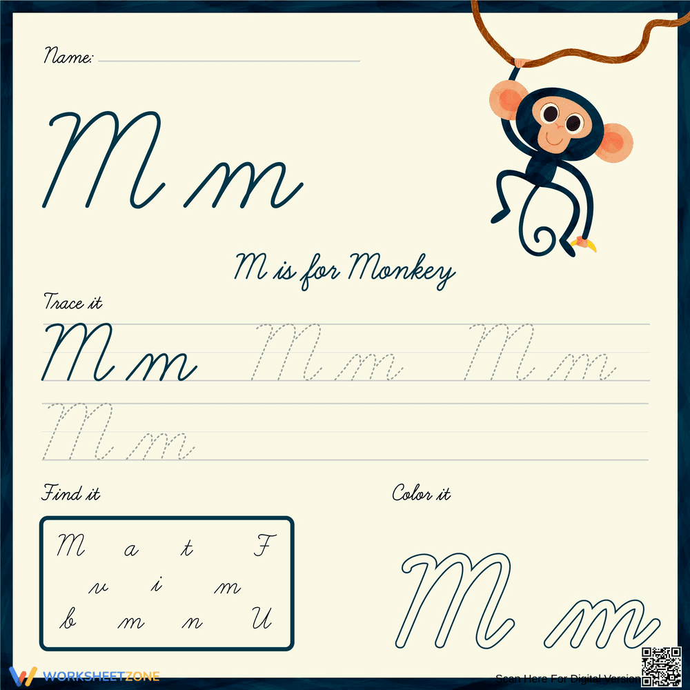 Trace, Find, and Color the Cursive M - Page 1