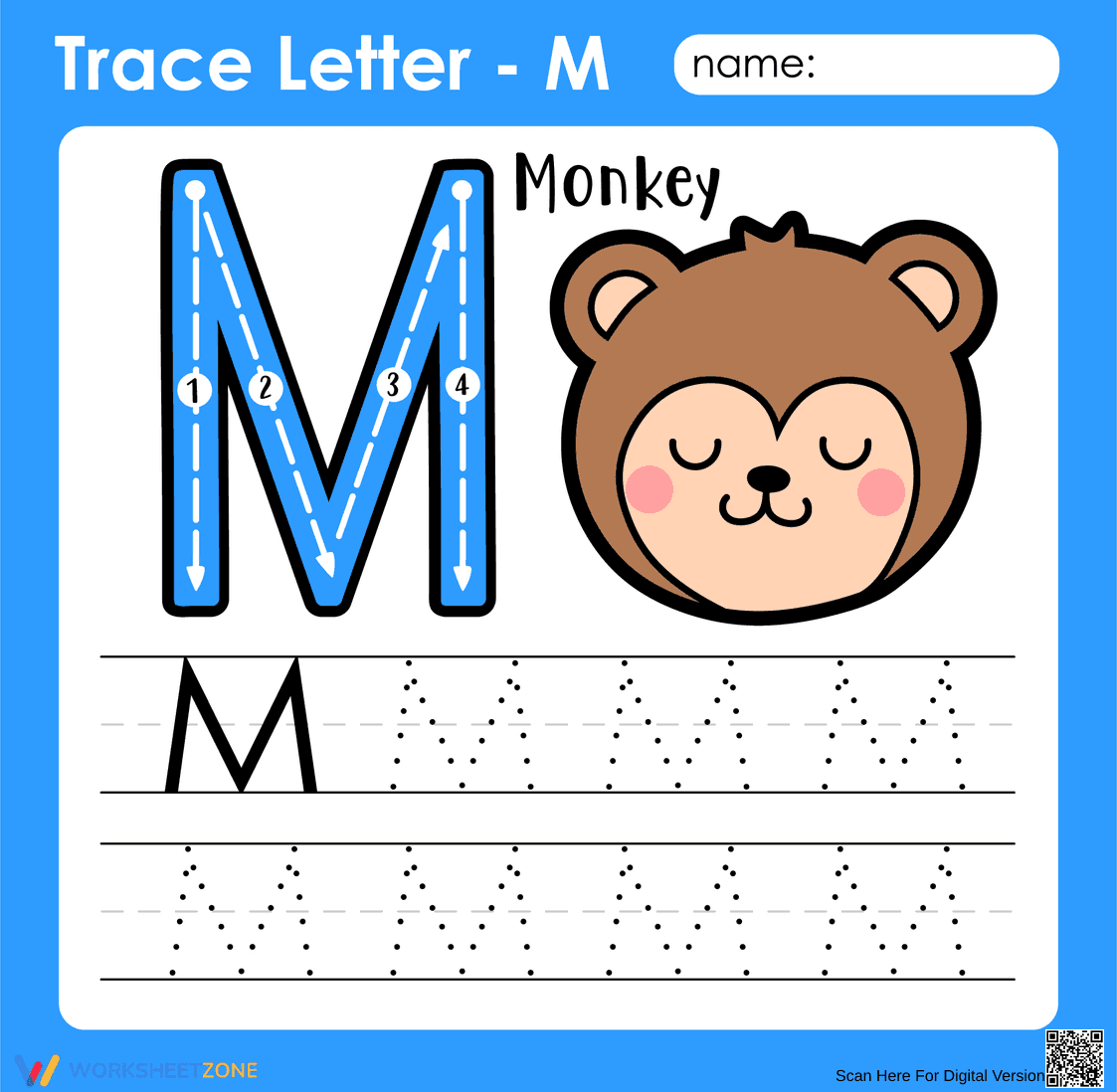 Trace Letter M Worksheet with Monkey - Page 1