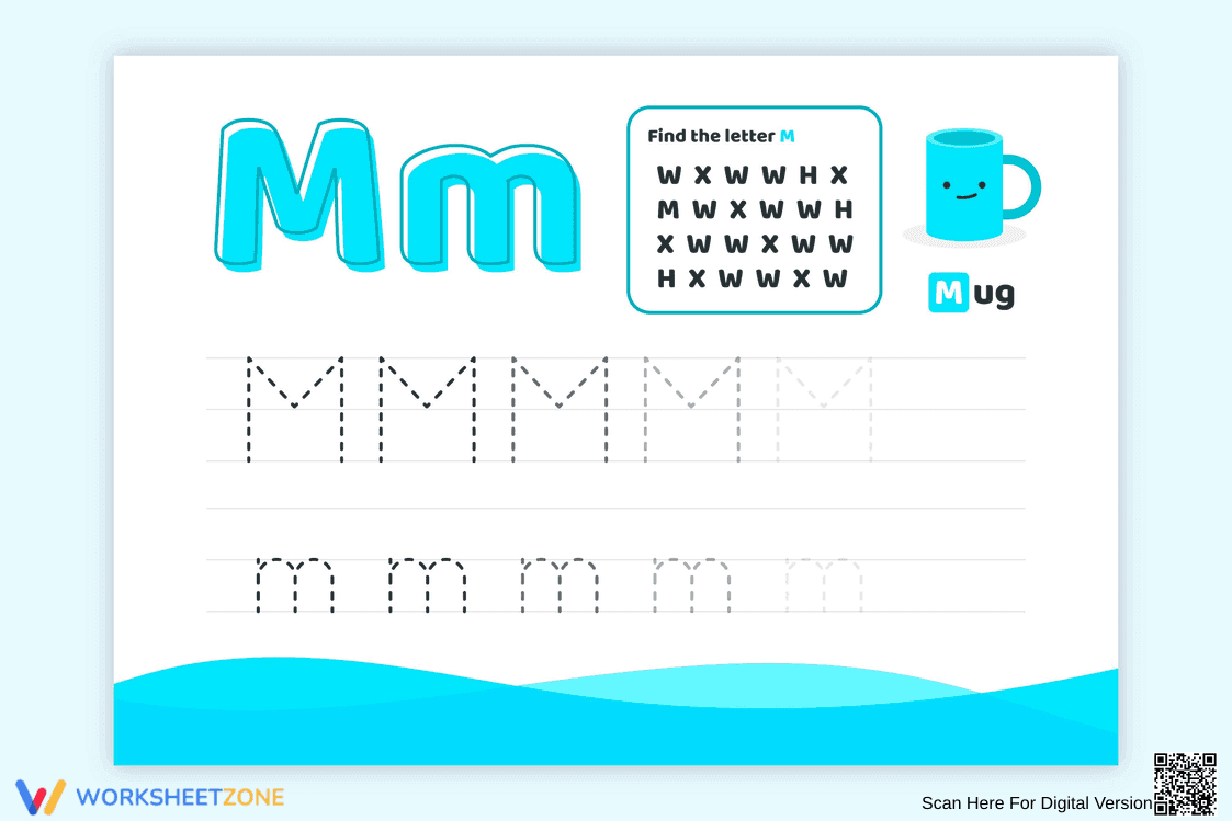 Fun with M! Letter Tracing and Finding Worksheet - Page 1