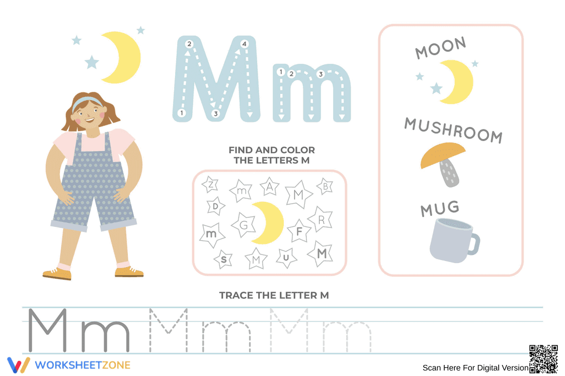 Find, Color and Trace Letter M - Page 1