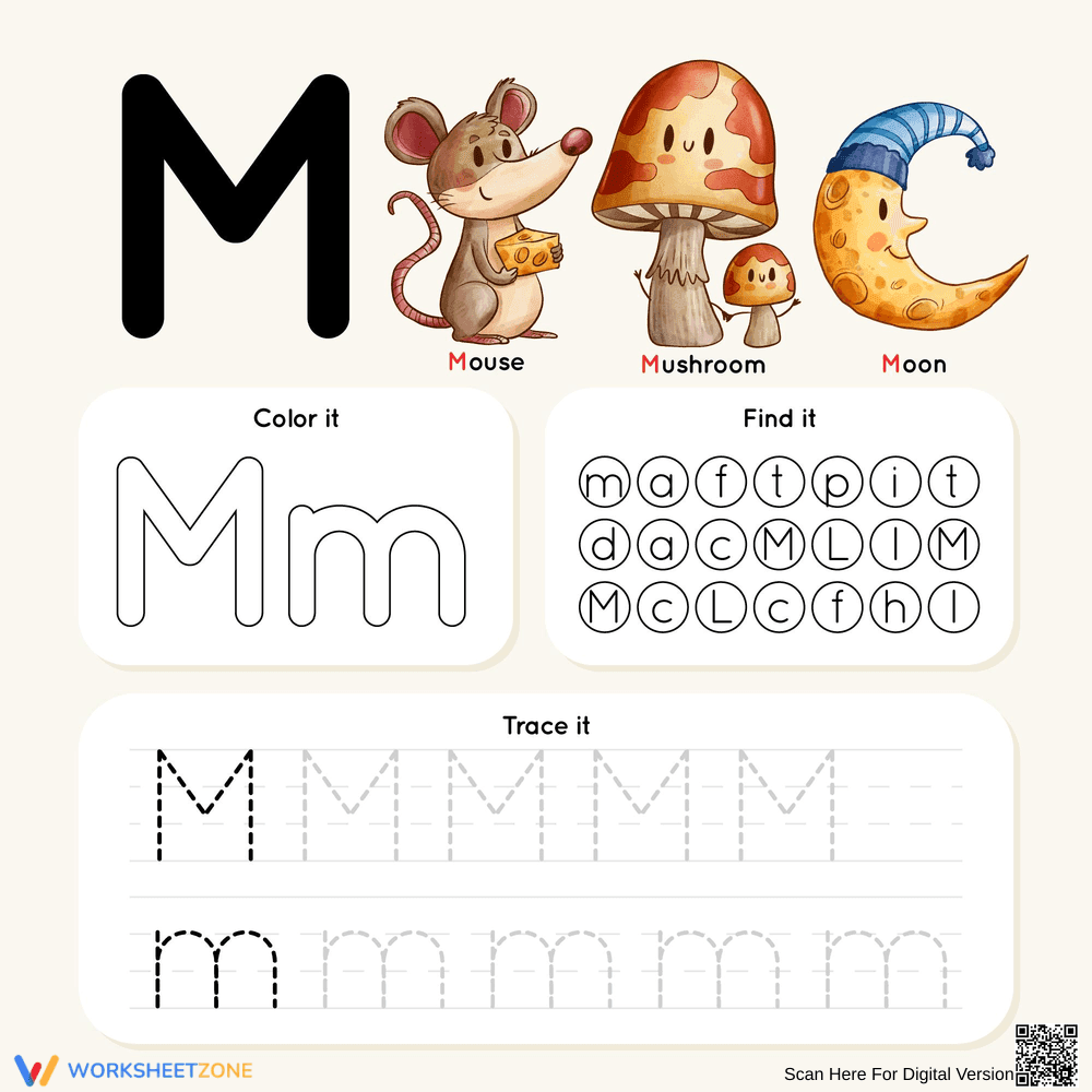 Color, Find, and Trace the Letter M - Page 1