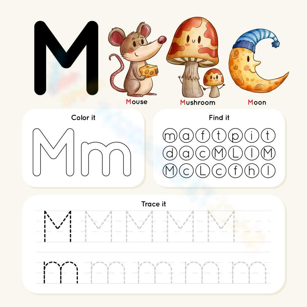 Color, Find, and Trace the Letter M - Page 1