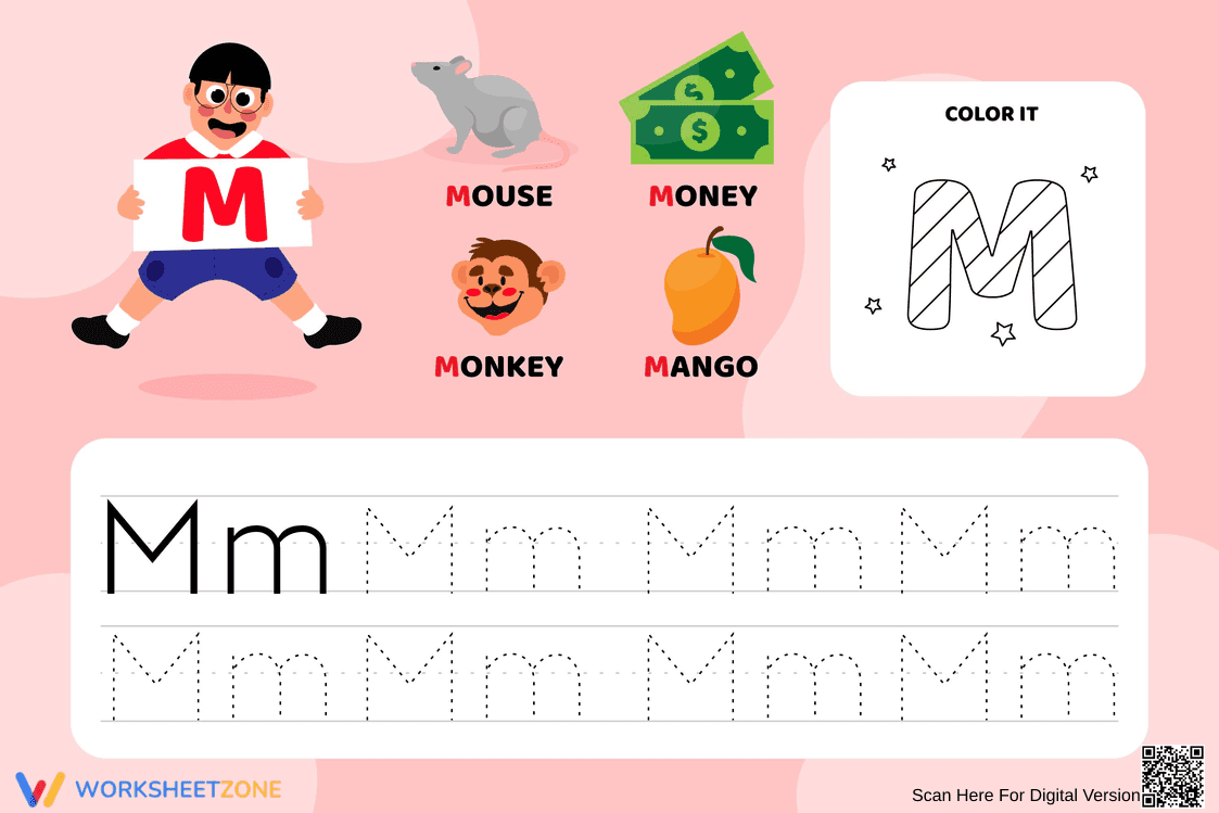 Color and Trace Letter M - Page 1