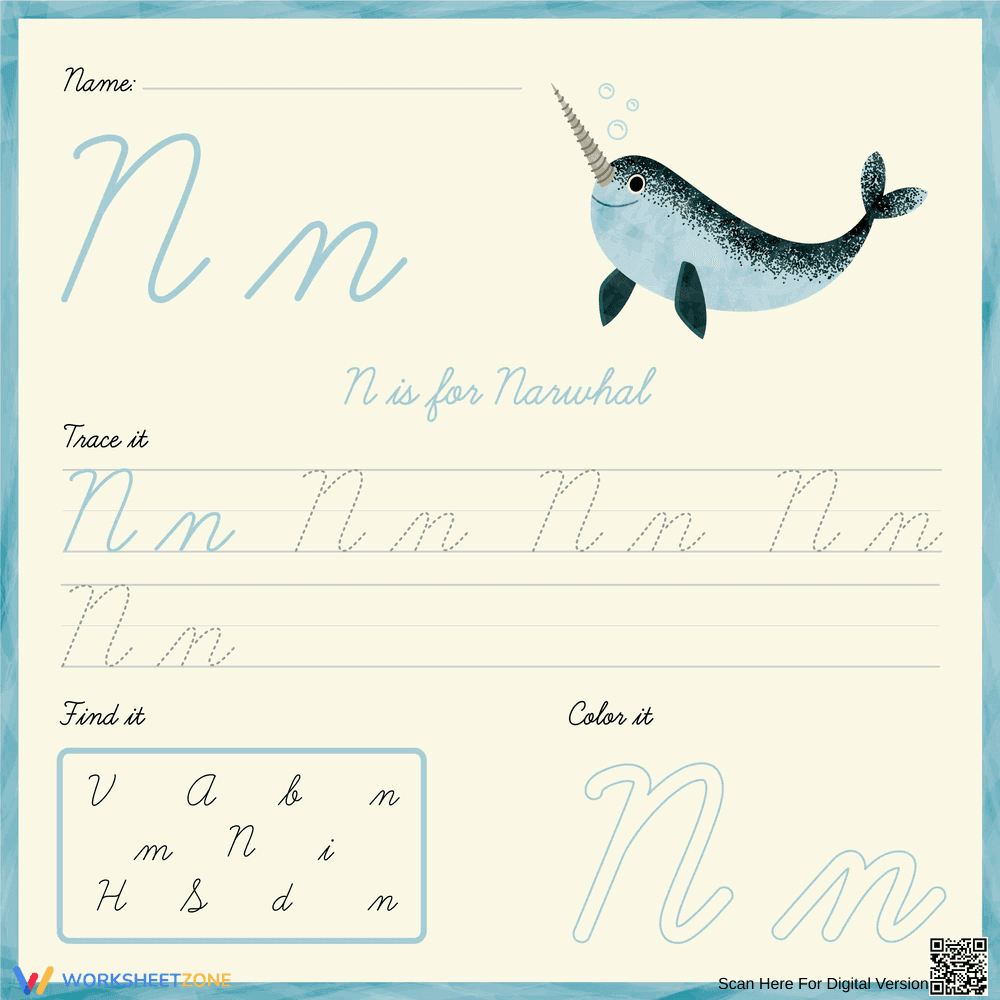 Trace, Find, and Color Cursive N - Page 1