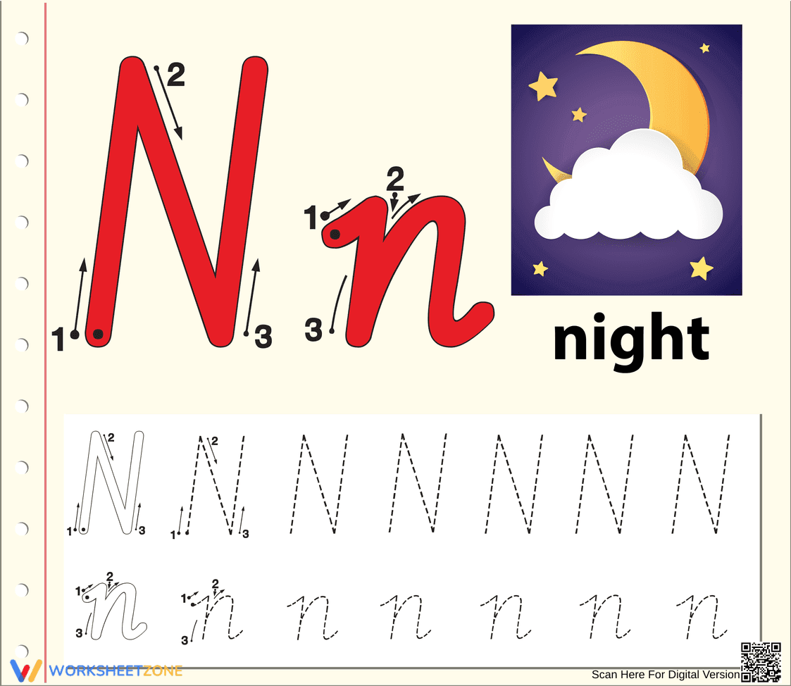 Letter N Tracing Worksheet | Printable Kindergarten Ready - Page 1