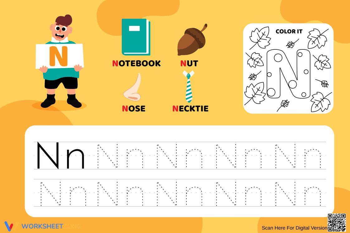 Color and Trace Letter N Worksheet - Page 1