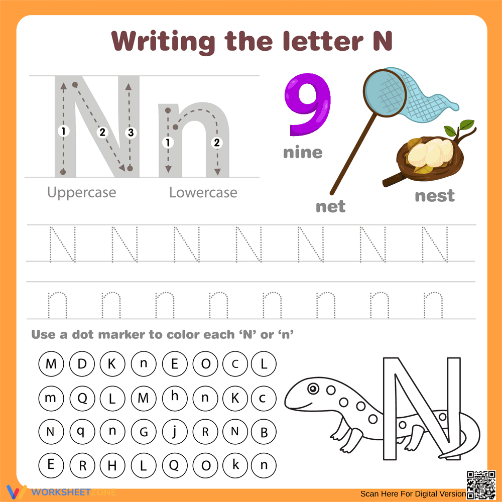 Writing the Letter 'N' Practice Sheet - Page 1