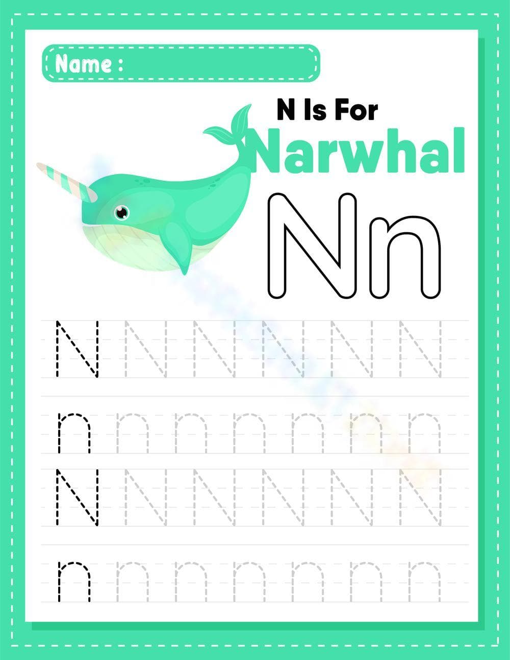 Narwhal Letter N Tracing Worksheet - Page 1