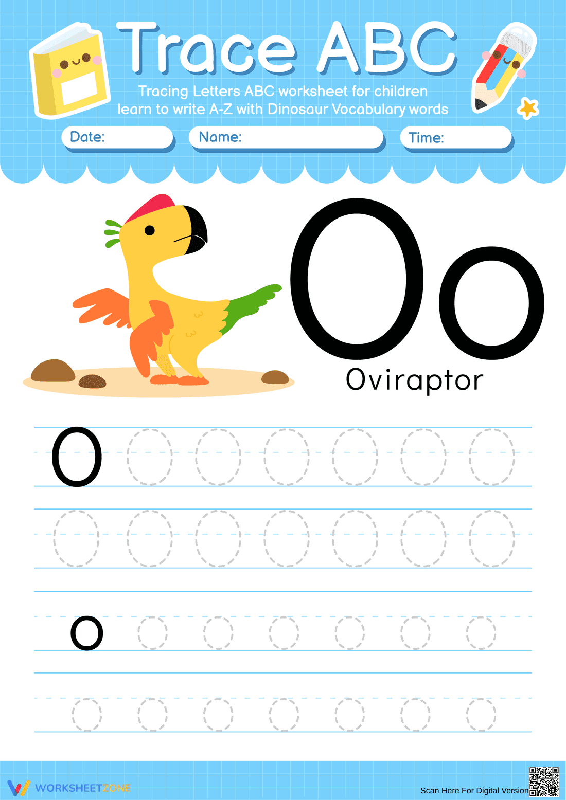 Trace the Letter O with Dinosaur Worksheet - Page 1