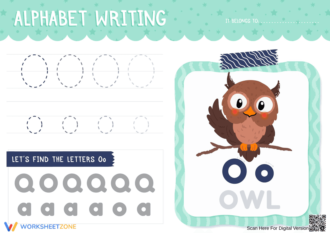 Letter O Writing Practice with Owl - Page 1