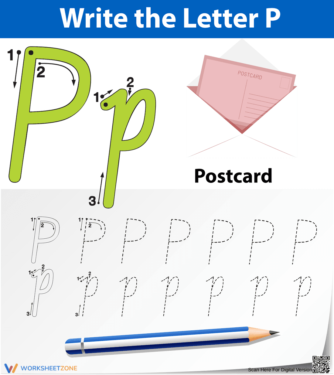 Letter P Worksheet: P is for Postcard - Page 1