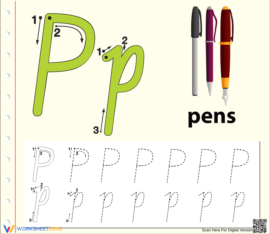 Letter P Worksheet: P is for Pens - Page 1