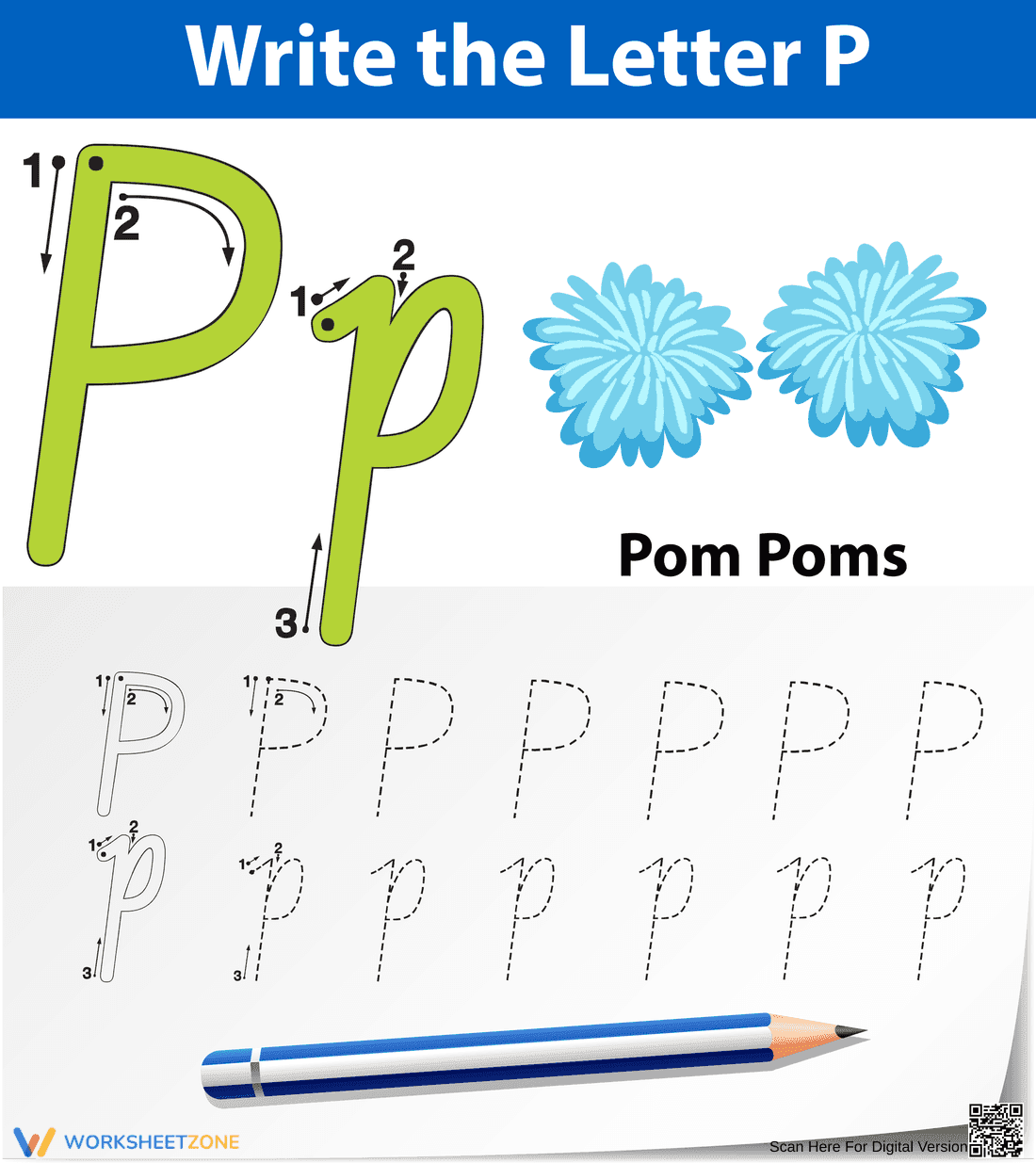 Letter P Worksheet: P is for Poms-poms - Page 1