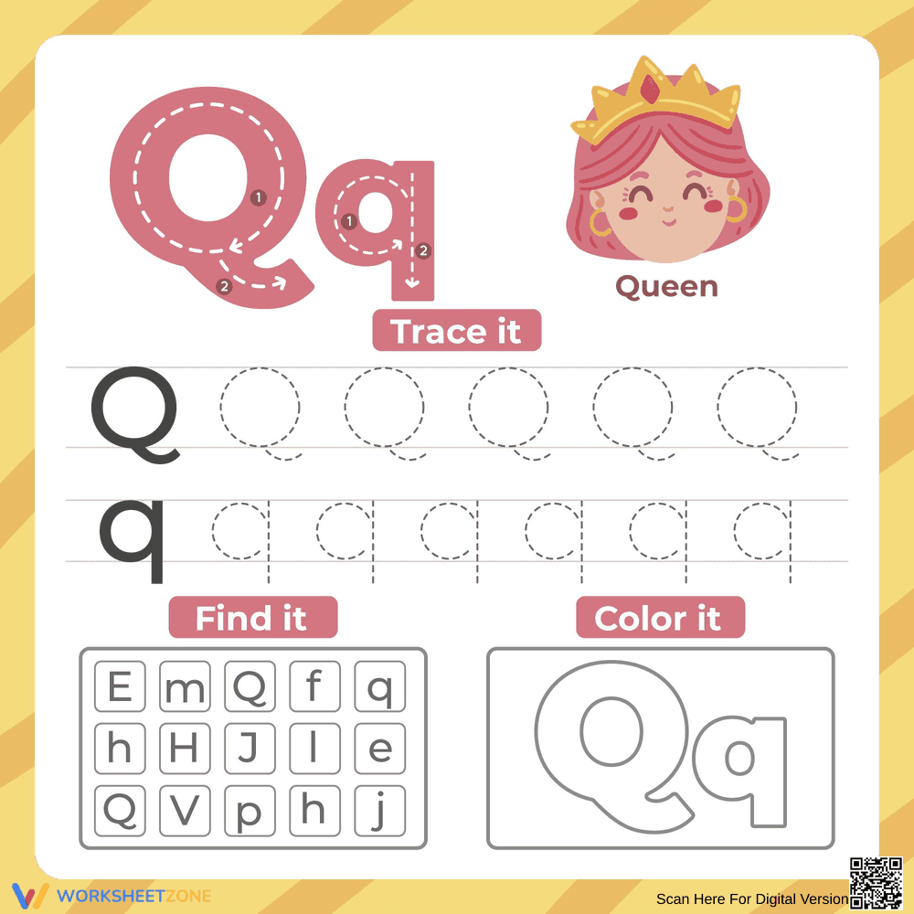 Letter Q: Trace, Find, and Color Worksheet - Page 1