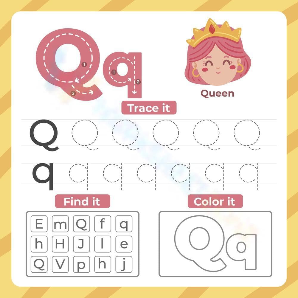 Letter Q: Trace, Find, and Color Worksheet - Page 1