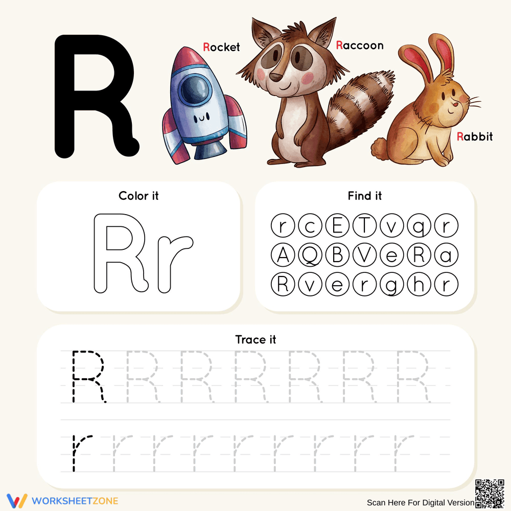 Letter R: Color, Find, and Trace Worksheet - Page 1