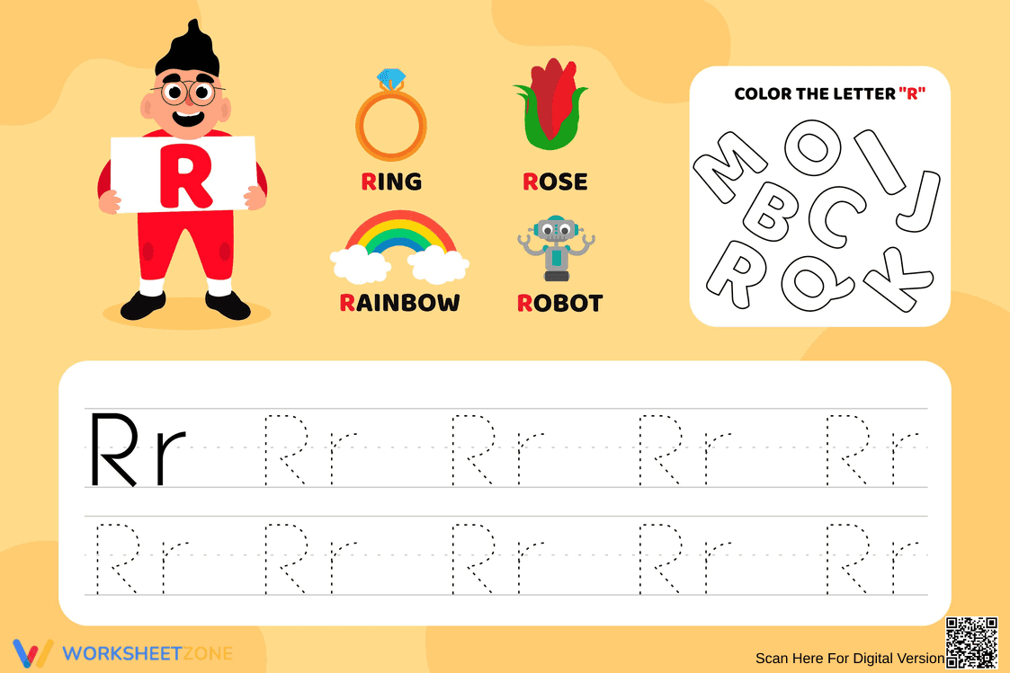 Color and Trace Letter R Worksheet - Page 1