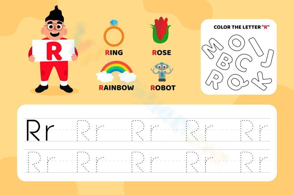 Color and Trace Letter R Worksheet - Page 1