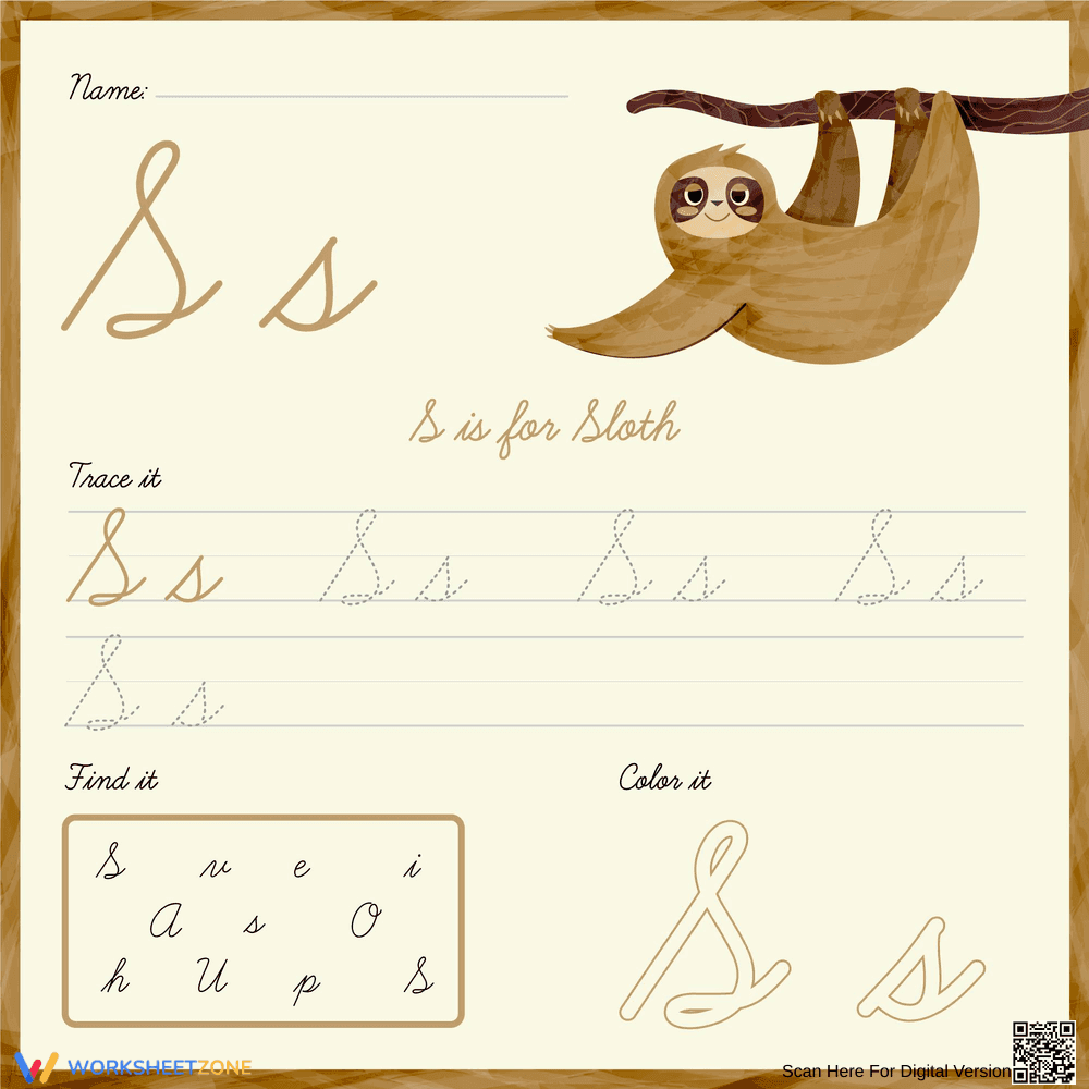 Cursive S: Trace, Find, and Color Worksheet - Page 1