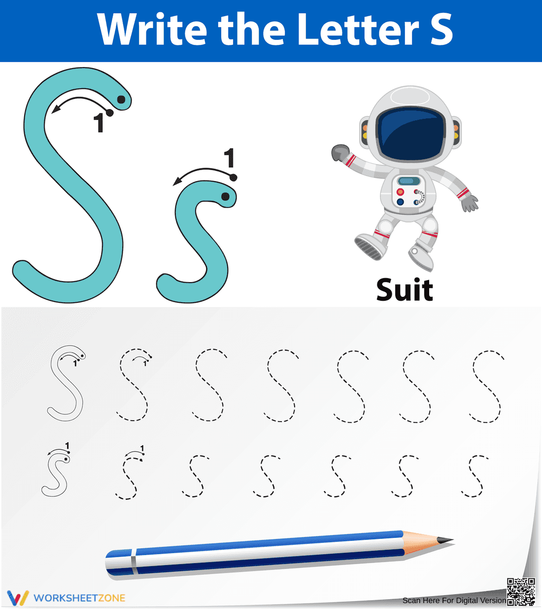 Printable Letter S Tracing Worksheet | Grade K - Page 1