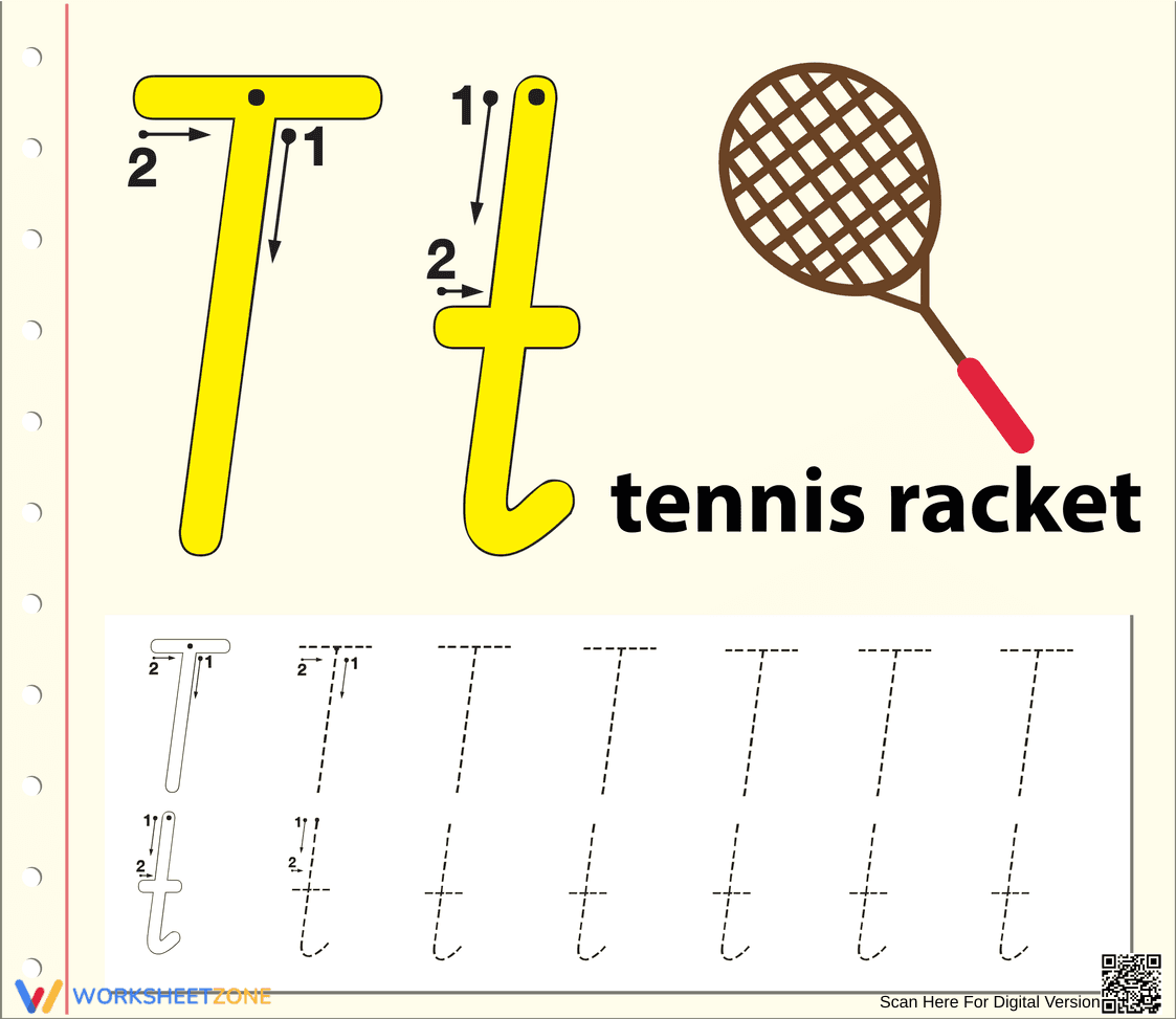 Letter T is for Tennis Racket Worksheet - Page 1