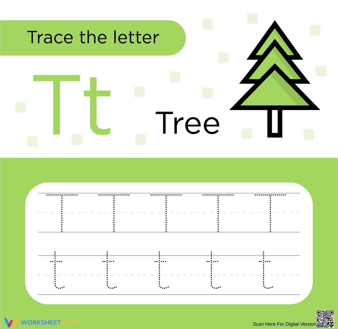 Trace the Letter T - Tree Worksheet - Page 1