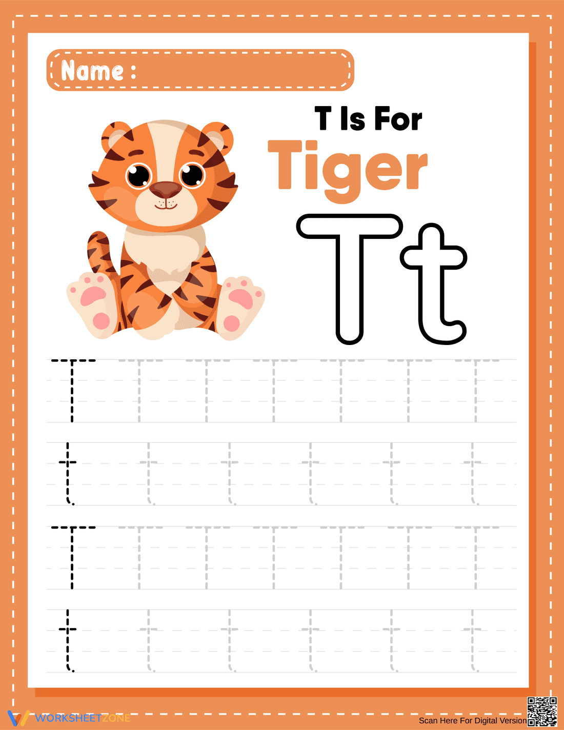 Letter T Tracing: T is for Tiger - Page 1