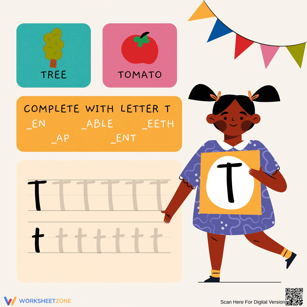 Letter T Worksheet: Tracing & Vocabulary - Page 1