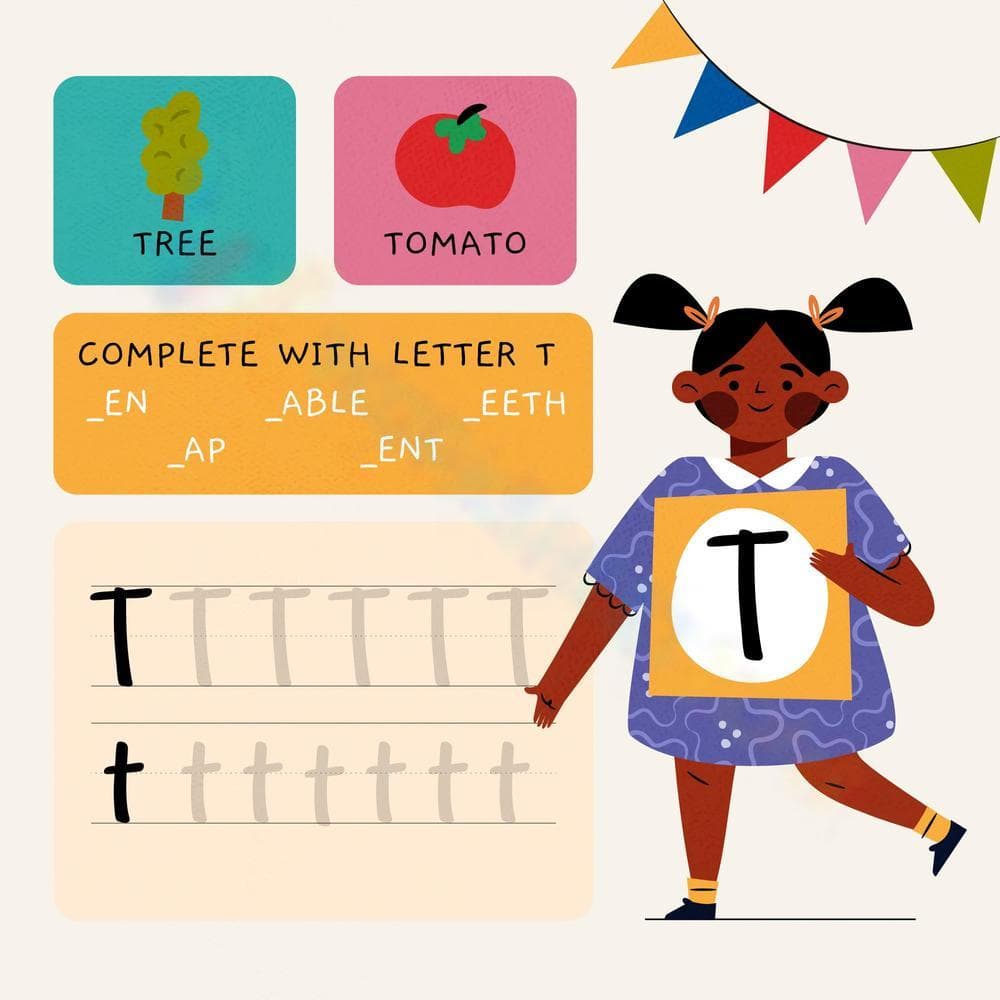Letter T Worksheet: Tracing & Vocabulary - Page 1