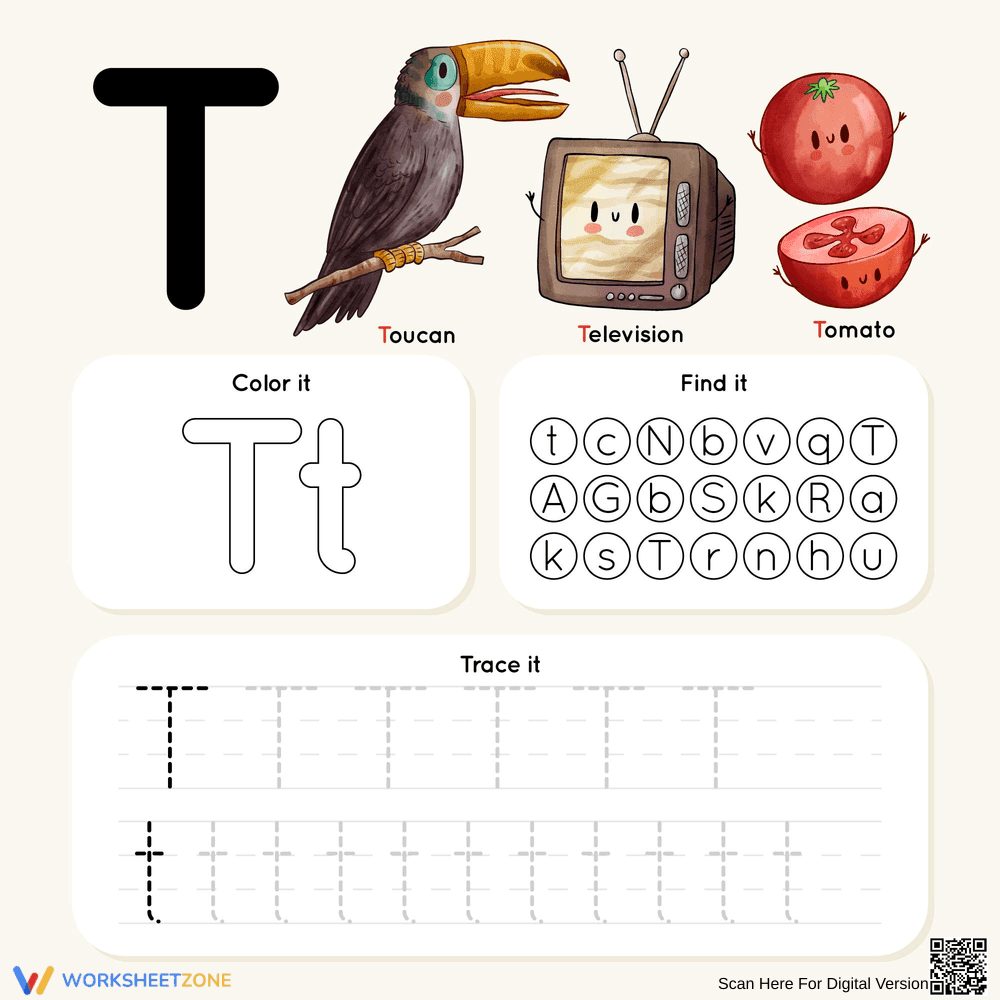 Color, Find & Trace: Letter T Worksheet - Page 1