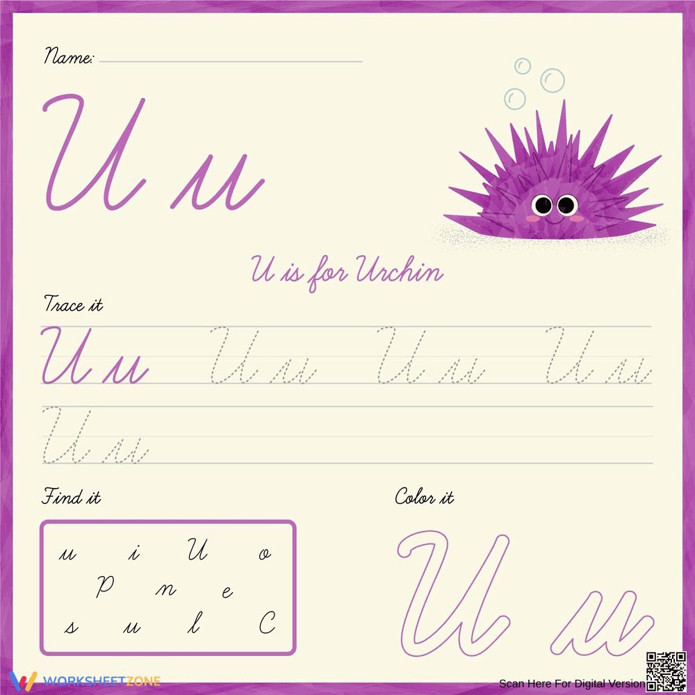Cursive U: Trace, Find, and Color Fun - Page 1