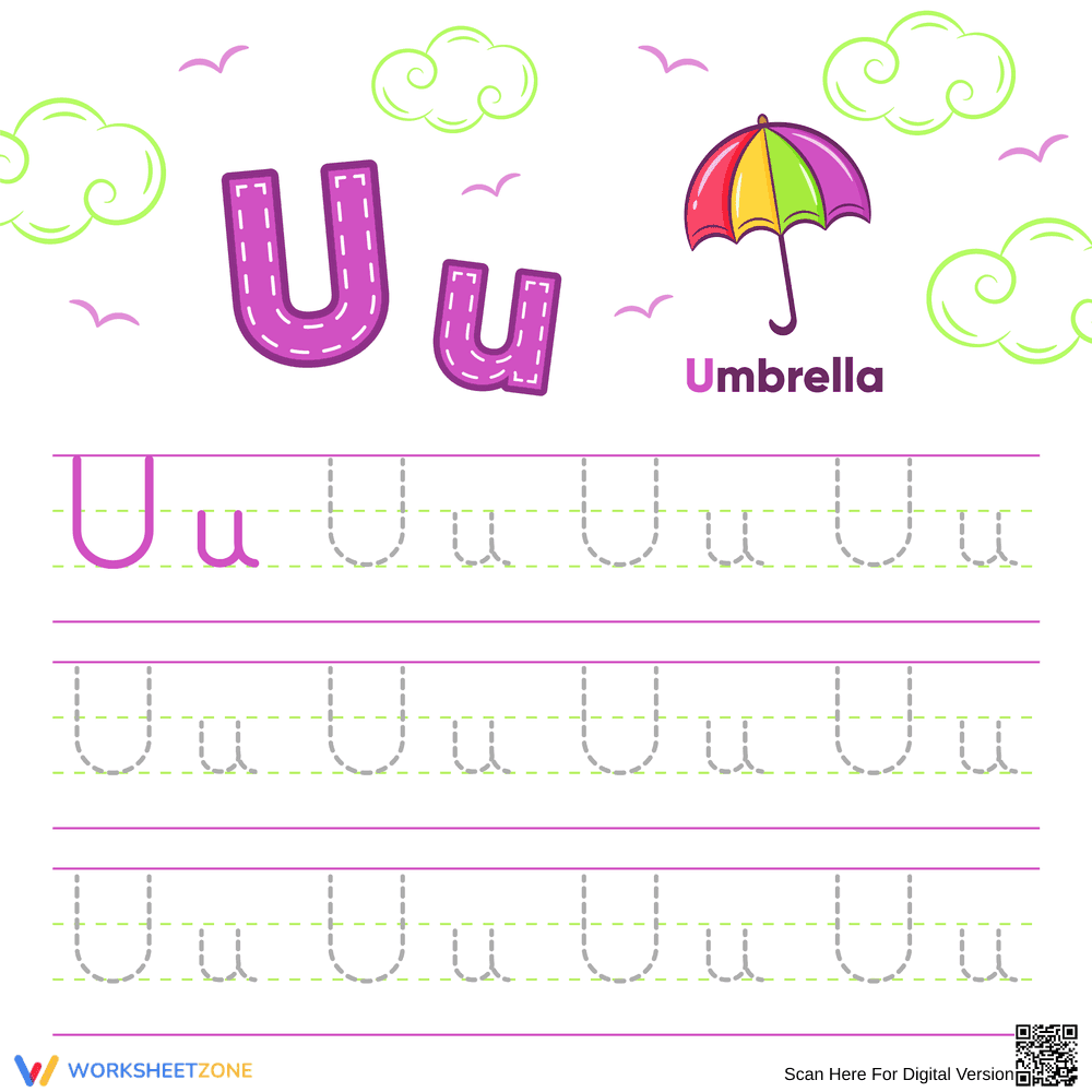Letter U Tracing Worksheet | Printable Kindergarten Ready - Page 1