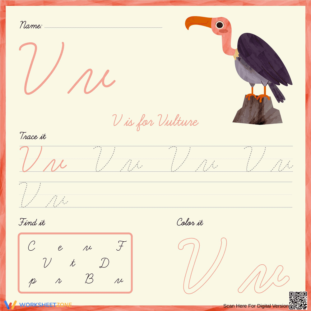 Printable Cursive Letter V Worksheet | Grade 1 - Page 1