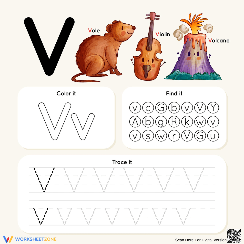Color, Find & Trace: Letter V Activity - Page 1