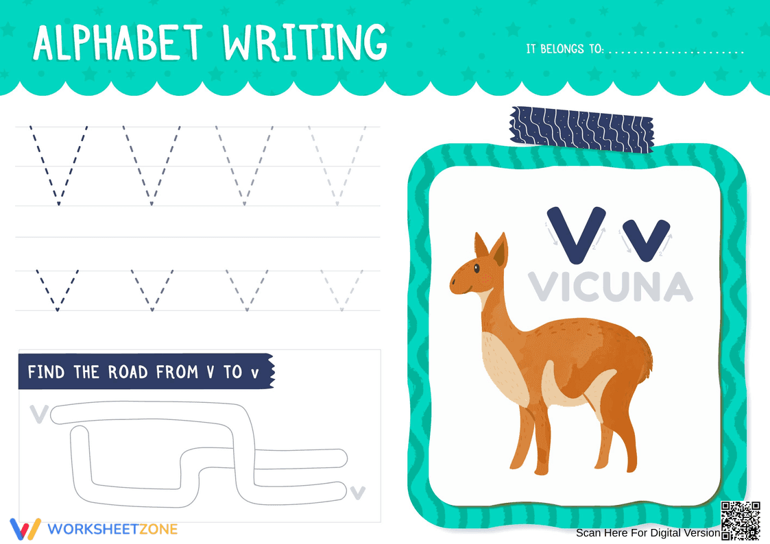 Letter V Tracing Worksheet | Printable Kindergarten ELA - Page 1