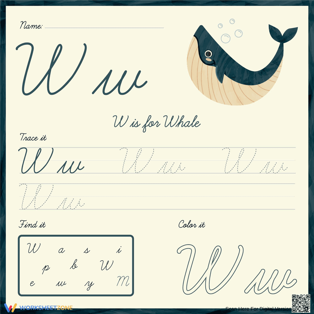 Cursive Letter W Printable Worksheet | Grade 1 English - Page 1