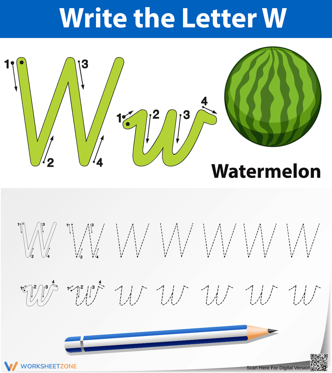 Letter W Tracing Worksheet | Grade K Printable - Page 1