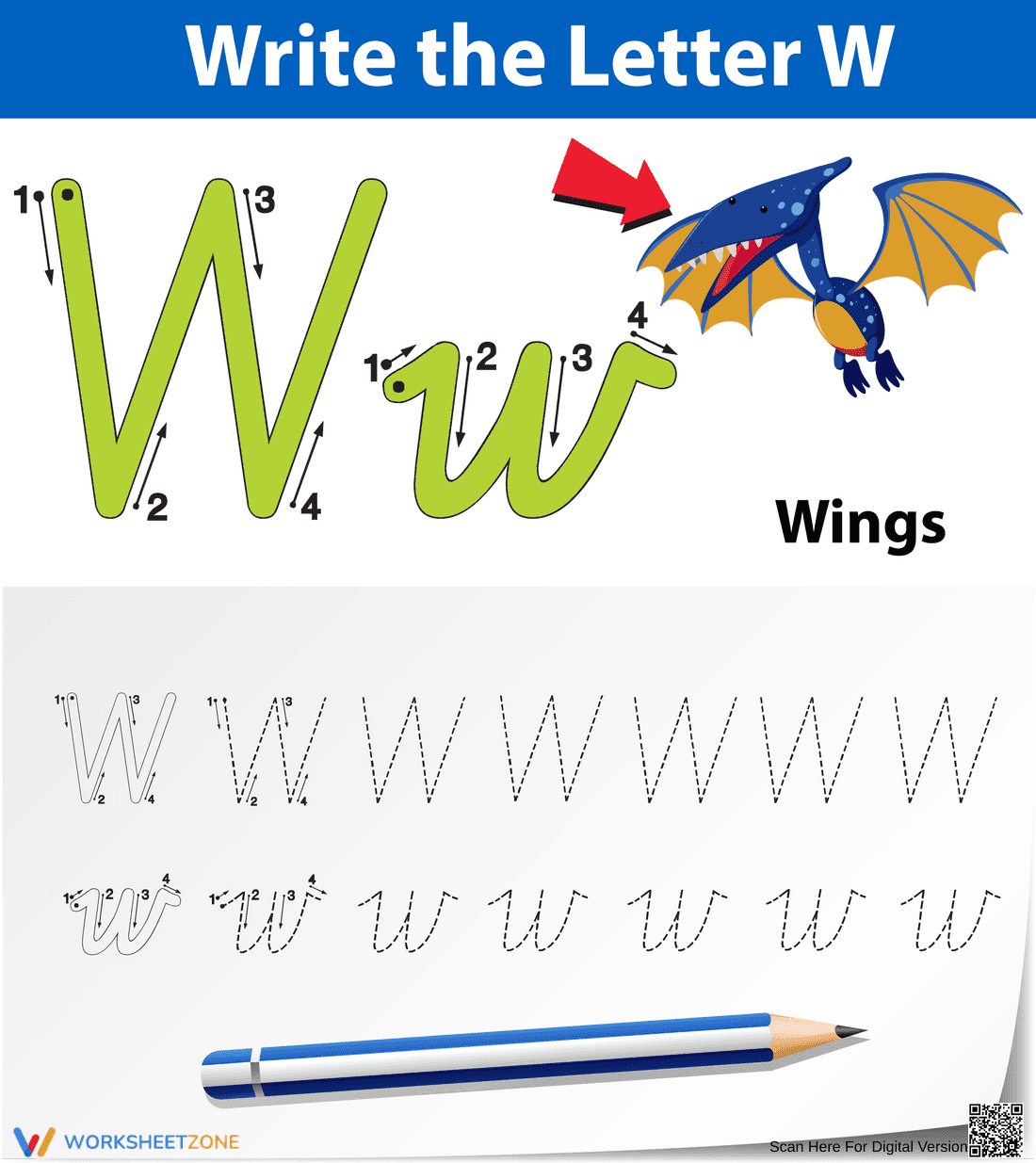 Printable Letter W Tracing Worksheet | Grade K - Page 1