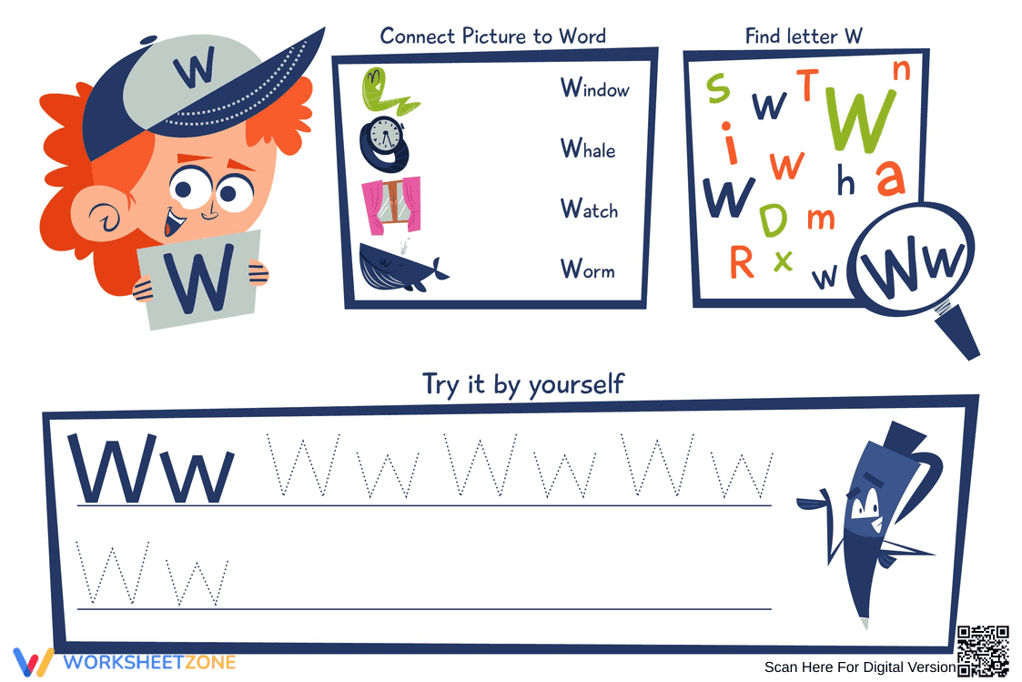 Printable Letter W Tracing Worksheet | Grade 1 - Page 1
