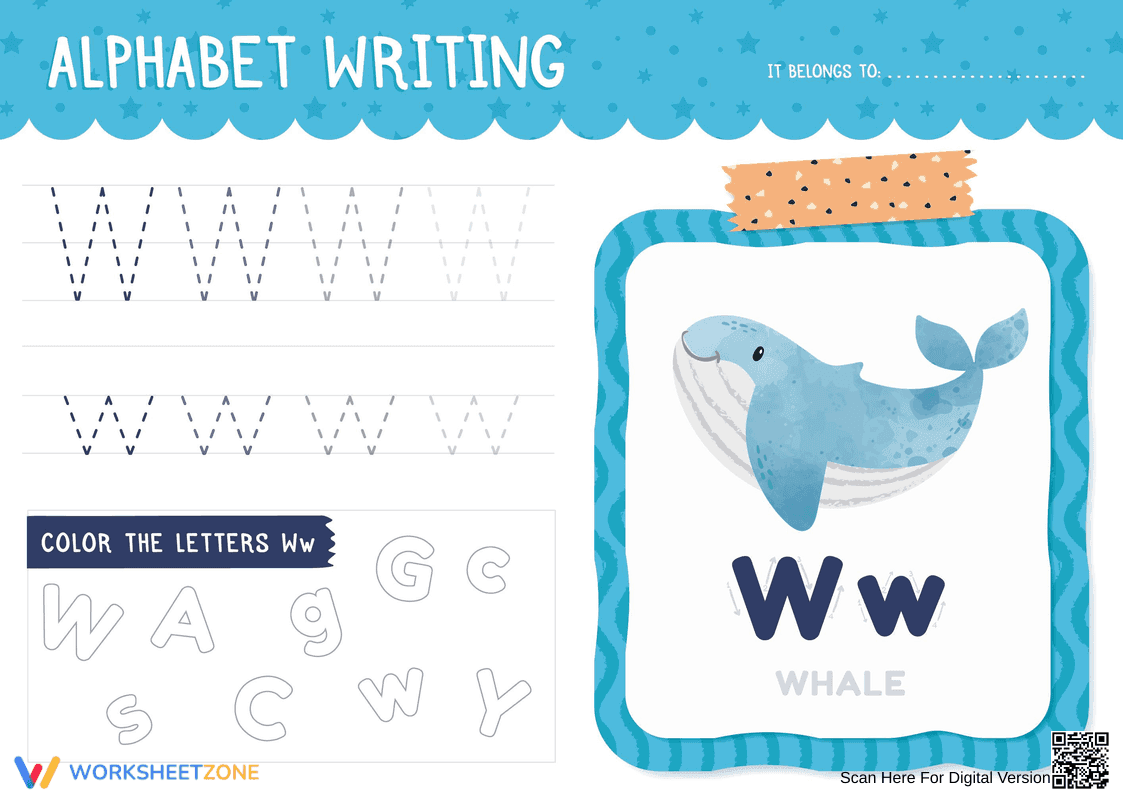 Letter W Tracing Worksheet | Whale Alphabet Practice - Page 1