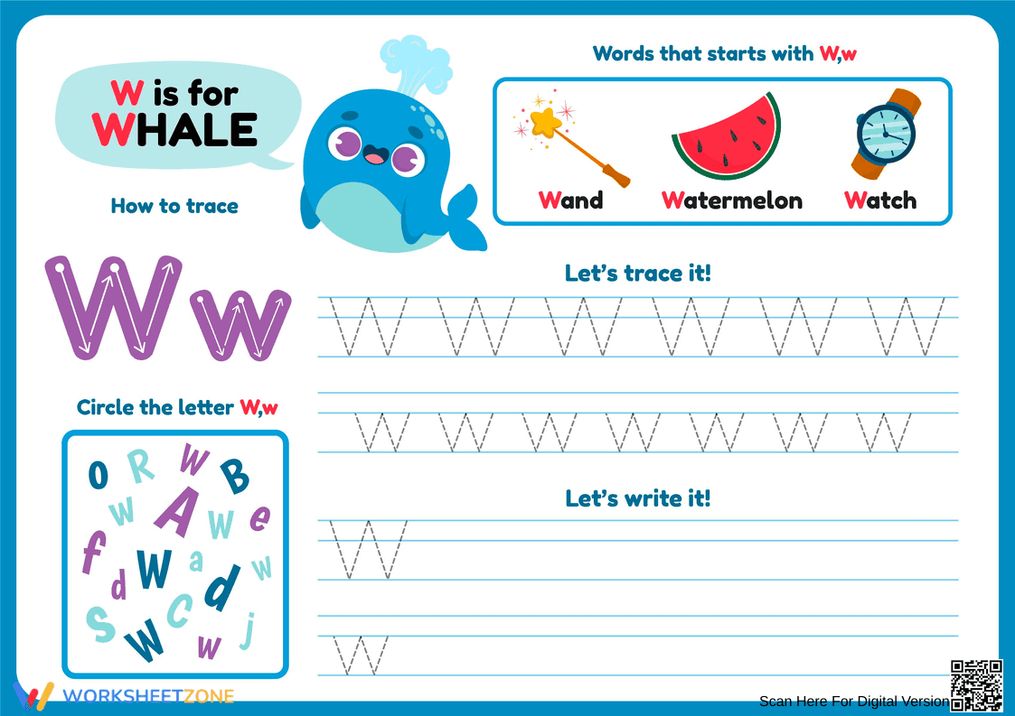 Letter W Tracing Worksheet | Grade 1 Printable - Page 1