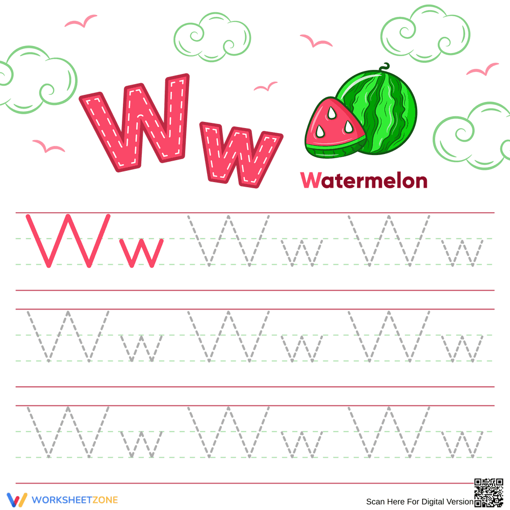 Letter W Tracing Worksheet | Grade K Printable - Page 1