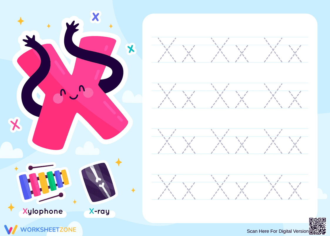 Uppercase and Lowercase X Tracing Worksheet - Page 1