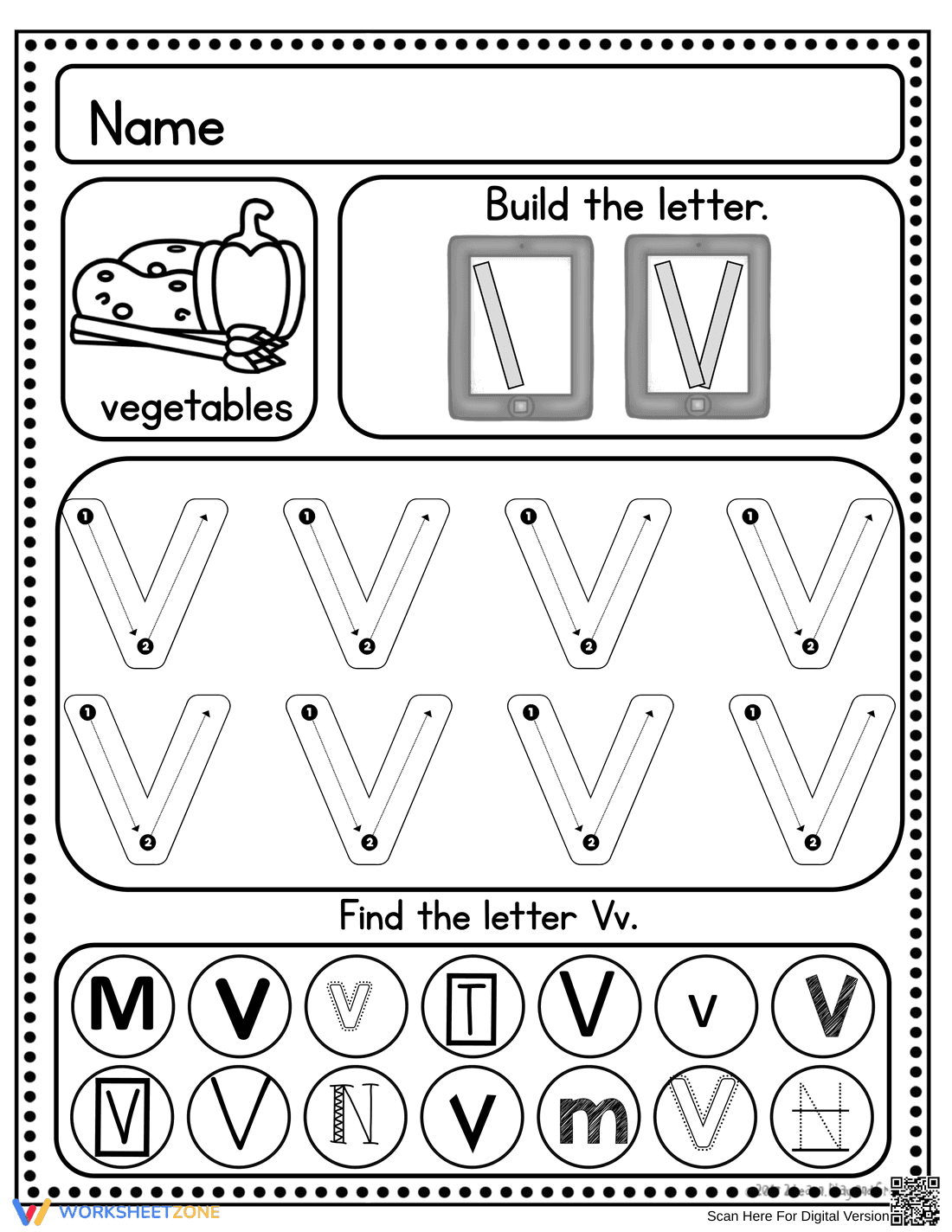 Letter V Worksheet: Printable Grade K Handwriting - Page 1